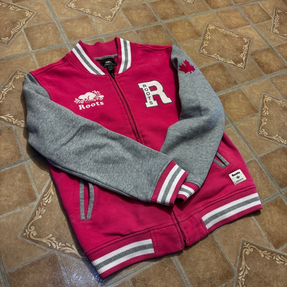 Roots Kids XL Pink & Grey Varsity Letterman Jacket – Fits Women’s XS/S